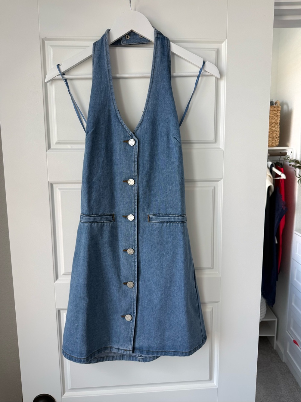 NWT Women’s Denim Button-Front Halter Dress, Small